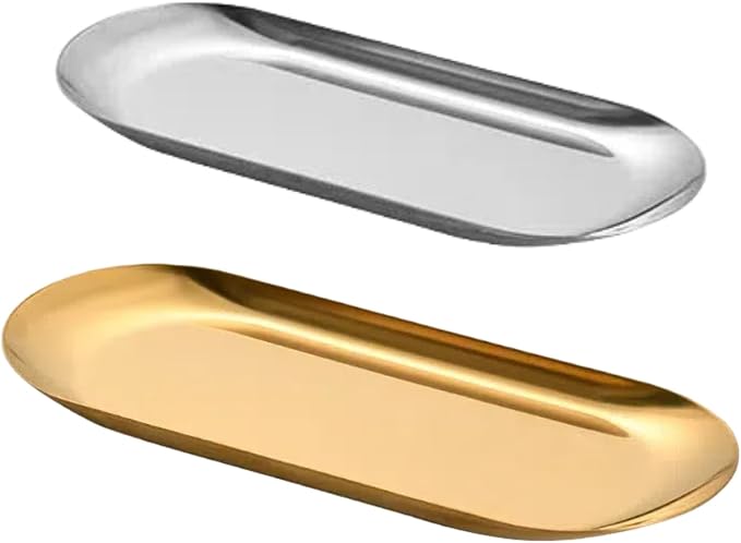 Stainless Steel Decorative Tray 2 PC, 10.2 Inch & 8.7 inch, Metal Serving Tray Jewelry Dish Cosmetics Organizer Bathroom Clutter Serving Platter Small Storage Tray, Oval（Gold & Silver）