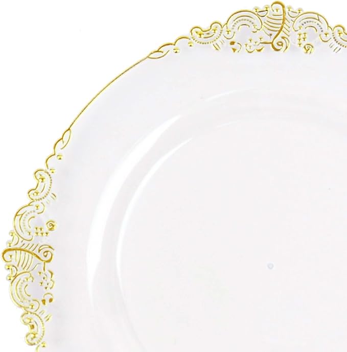 8" Salad Plates -Set of 30 - Plastic Clear Gold Round Baroque Disposable Chargers Leaf Embossed Rim, Ideal for Dinner Party Wedding Bulk Events