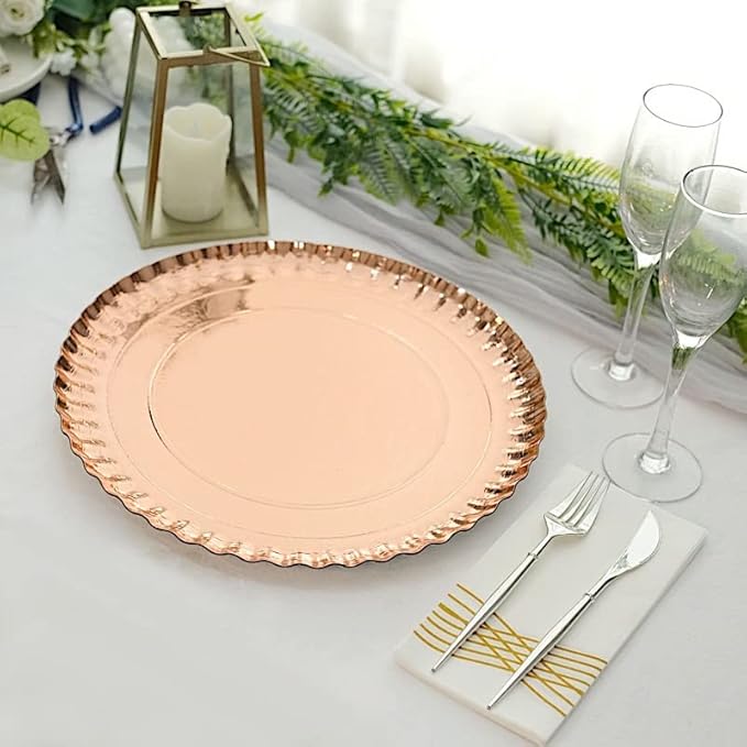 10 Rose Gold 13 in Round Paper Serving Trays with Scalloped Rim Design - Disposable Wedding Party Tableware Supplies