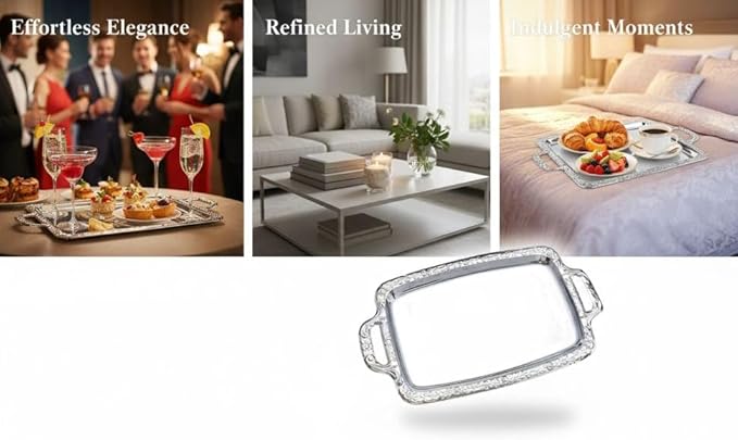 Silver Serving Tray with Handles, 16.1 in, European Style Stainless Steel, Metal Decorative Food Tray for Ottoman Coffee Tables and Parties