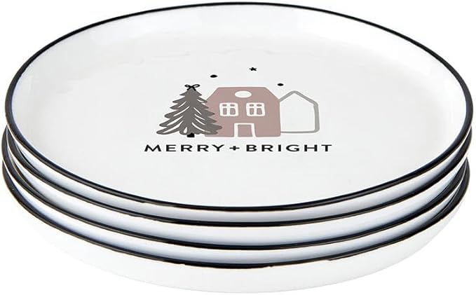 Santa Barbara Design Studio 4-Piece Christmas Appetizer Plate Set White Ceramic Small Plates, 5.25" Diameter, Merry + Bright