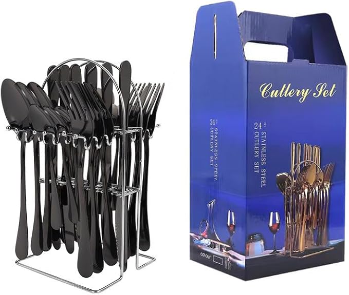 Stainless Steel Flatware Serving Set,Home Kitchen Eating Tableware Set,Dishwasher Safe,for Home Kitchen Restaurant Hote 24-Piece Stainless Steel Storage Rack Cutlery Set Hotel Cutlery Knife, Fork and