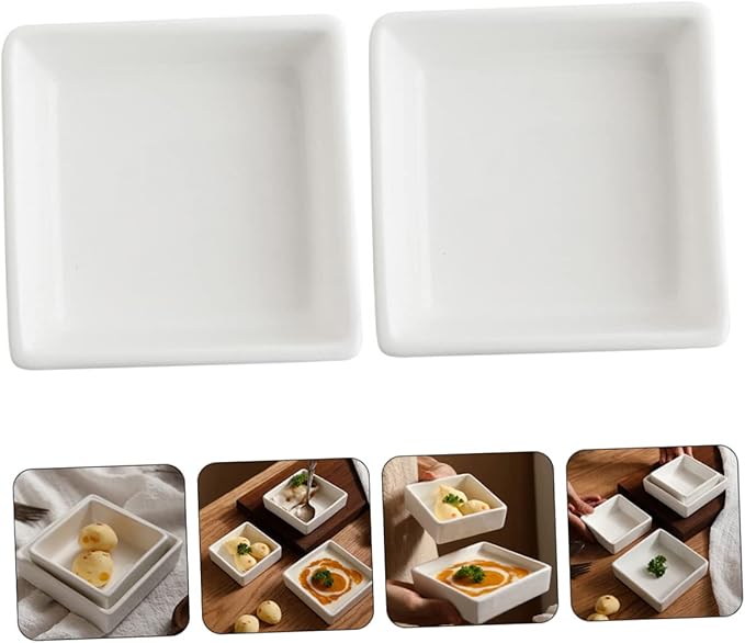 PRETYZOOM 2Pcs Ceramic Square Dessert Bowls for Sauce Snacks Pudding and Appetizers Kitchen Storage Plates for Home Restaurant Buffet and Hot Pot Use