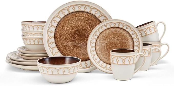 16-Piece Dinnerware Set Round Beige Dish Dinner Plates Set Plate Ceramic Dishes to Eat Sets Tableware Food Kitchen
