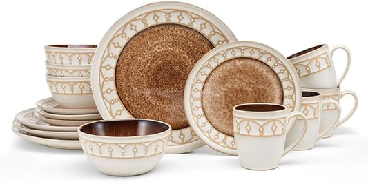 16-Piece Dinnerware Set Round Beige Dish Dinner Plates Set Plate Ceramic Dishes to Eat Sets Tableware Food Kitchen
