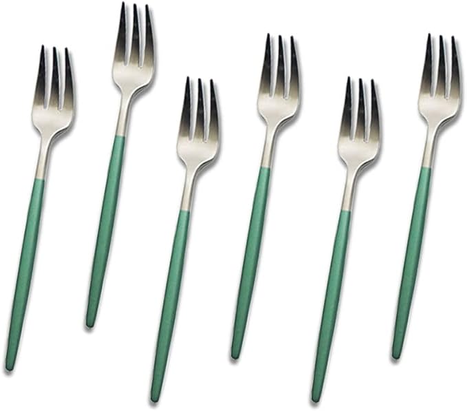 JASHII 6pcs Green&Silver 3-Tine Portable Cake Forks Set, Matte 304 Stainless Steel Small Forks with Round Handle, Dishwasher Safe for Home, Restaurant - 5.3-inch