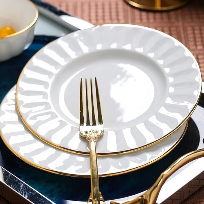60Pcs Bone Dinnerware Sets White Moonlight with Gold Trim Ceramic Plates Bowls and Serving Set for Home Use and Dining,