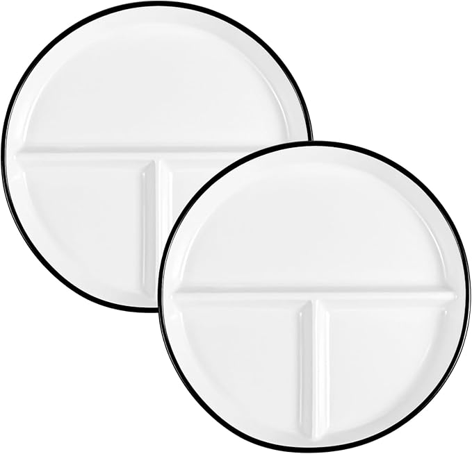 OMISTAR 2 Pcs Portion Control Plates, 9.3" Ceramic Divided for Adults, Porcelain Dinner Diet, White for Balanced Meals, Diabetes and Weight Loss