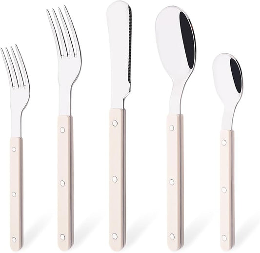 5 PCS Stainless Steel Flatware Set for 1, Silverware Set with Colored Handles, Retro Style Forks Spoons and Knives Set, Vintage Eating Utensils, Beige Acrylic Handle with Rivets Design