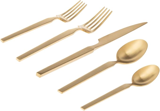Godinger Flatware with Salad Fork, Dinner Fork, Tablespoon, Teaspoon and Knife, 18/10 Matte Gold Stainless Steel, 20 Piece Set