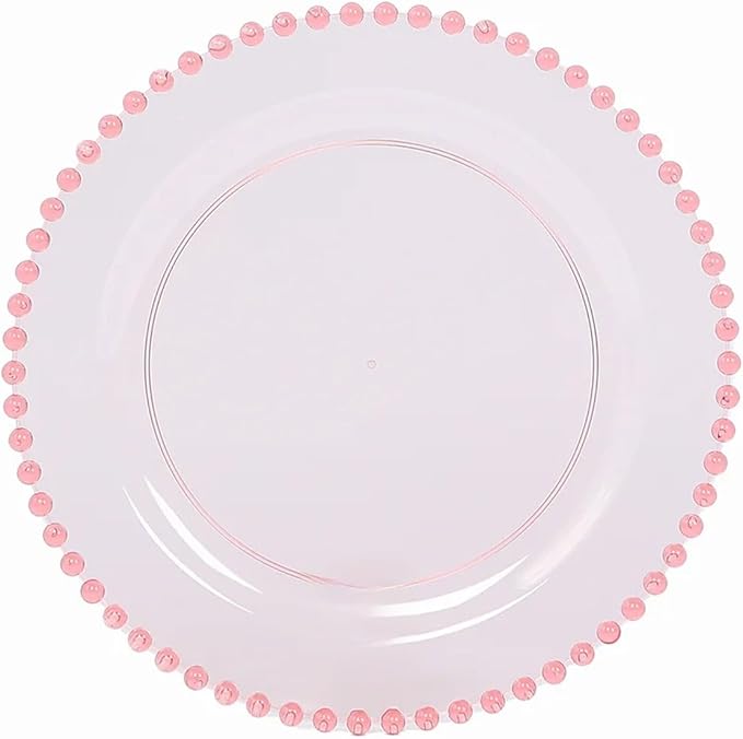 10" Dinner Plates - Set of 20 - Plastic Transparent Blush Round Disposable Plate Beaded Rim, Ideal for Decoration Party Wedding Bulk Events