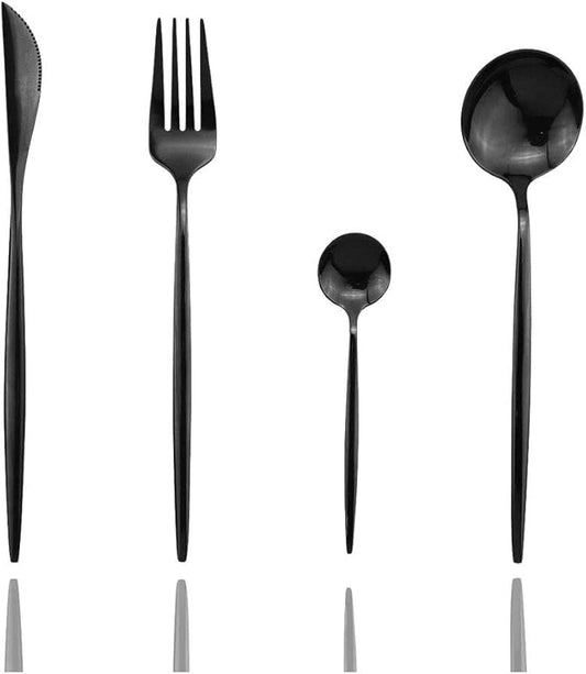 JASHII 4 Piece Titanium Black Plated Stainless Steel Flatware Set, Black Cutlery Set, 4 Pieces Black Silverware Set, Service for 1 (Black Full)