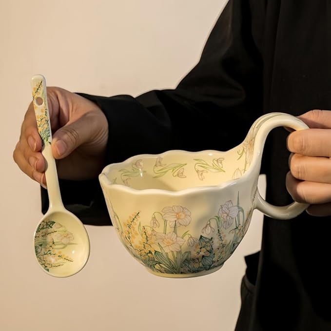 16.91oz/500ml Handpainted Soup Bowl with Handle,Ceramic Cereal Bowl Microwave & Dishwasher Safe,Loop Handle Bowl Great for Soup,Yogurt,Snack,Chip,Stew,Ice Cream,Coffee (Cosmos Flower)