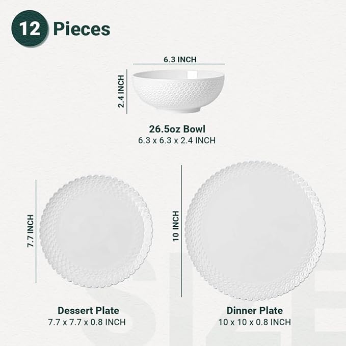 HOMBENE Dinnerware Set, 12 Piece Porcelain Dinnerware with Plates, Bowls and Dishes, Modern Dish Set for 4