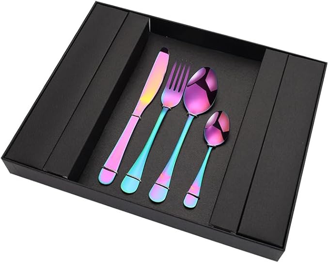 Stainless Steel Flatware Serving Set,Home Kitchen Eating Tableware Set,Dishwasher Safe,for Home Kitchen Restaurant Hote 24-Piece Stainless Steel Knife and Fork Set(Gold)(Rainbow)