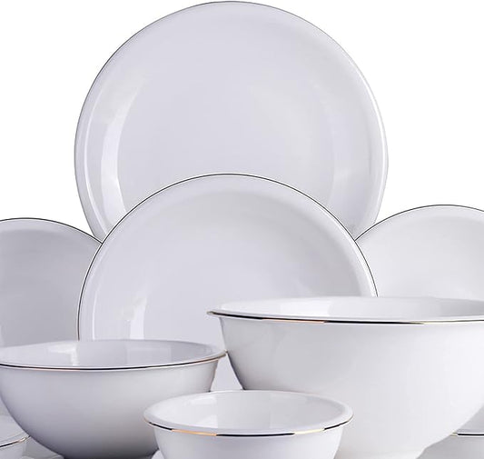 Dinnerware Set, Porcelain Fine Bone China Round Kitchen Dinner Dining White Tableware Combi-Set with Cereal Noodle Bowls Soup Plates Microwave and Oven Safe,