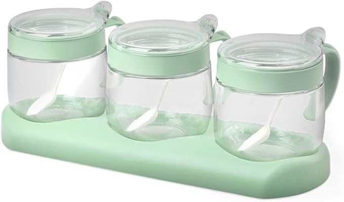 NAN Wind Glass Seasoning Box Set,12oz/350 ml Condiment Set With Lids and Spoon,Clear Glass Condiment Canisters,3Pack Scondiment Jar Set for Sugar Pepper for Kitchen Counter(Green)