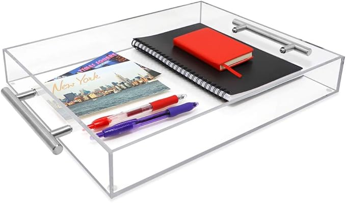 Isaac Jacobs Clear Acrylic Serving Tray (11x17) with Silver Metal Handles, Spill-Proof, Stackable Organizer, Food & Drinks Server, Indoors/Outdoors, Lucite Storage (11x17, Clear with Silver Handle)
