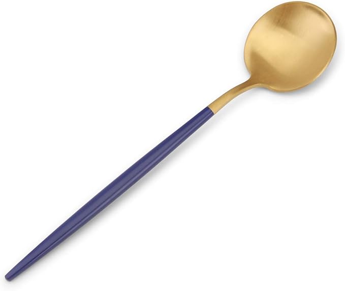 Matte Gold Silverware Set with blue handle, Bysta 5-Piece Stainless Steel Flatware Set, Kitchen Utensil Set Service for 1, Tableware Cutlery Set for Home and Restaurant, Satin Finish, Dishwasher Safe