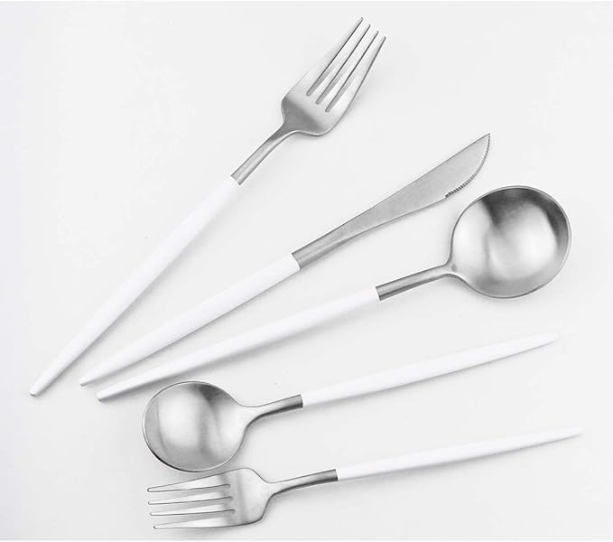 Gugrida White Silver Flatware, Royal 5-Piece Matte White Handle 18/10 Stainless Steel Tableware Sets for 1 Including Forks Spoons Knives, Camping Silverware Travel Utensils Set Cutlery (White Silver)