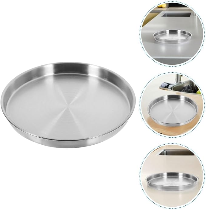 2PCS Stainless Steel Serving Tray Round Matte Dinner Plate for BBQ Camping Party Event Kitchen Restaurant Accessories - 26cm Silver
