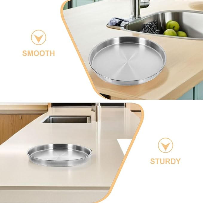 LOGOFUN 2pcs Korean Style Stainless Steel Round Serving Tray Matte Flat Bottom Plate for Steaming Food Commercial BBQ Party 26cm Silver