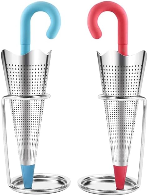 Numola 2Pcs Reusable Umbrella Tea Infuser with Drip Tray for Tea Cups, Mugs and Teapots, Stainless Steel Fine Mesh Tea Strainer with Silicone Lid for Loose Tea (Red & Blue)