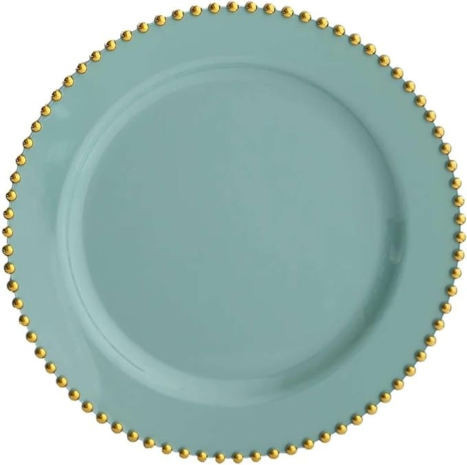 10" Dinner Plates - Set of 20 - Plastic Dusty Sage Green/Gold Round Disposable Plate Beaded Rim, Ideal for Decoration Party Wedding Bulk Events