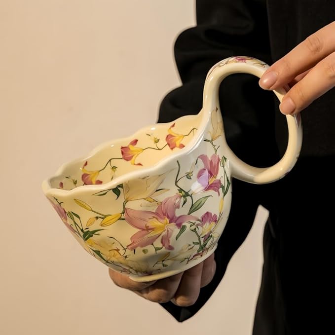 16.91oz/500ml Handpainted Soup Bowl with Handle,Ceramic Cereal Bowl Microwave &Dishwasher Safe,Loop Handle Bowl Great for Soup,Yogurt,Snack,Chip,Stew,Ice Cream,Coffee (Lily)