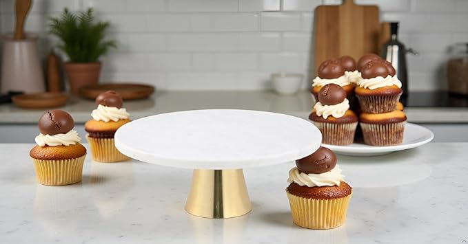 Cruiser’s Caché 12-Inch Marble Cake Stand | Natural White Marble with Gold Base | Round Dessert Stand, Cupcake Stand for Birthday Parties, Weddings, Baby Showers | White and Gold
