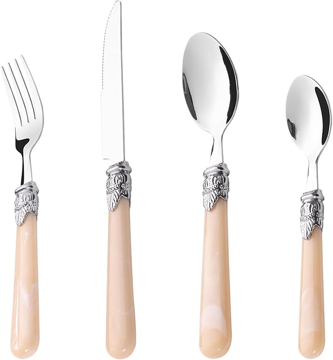 Serving Sets, 24-Piece Flatware Cutlery Set, Durable Stainless Steel Serving Utensils Set Including Dinner Forks, Knives, Spoons With Retro Handle For Steak, Salad, Soup, Tea (Set of 4)
