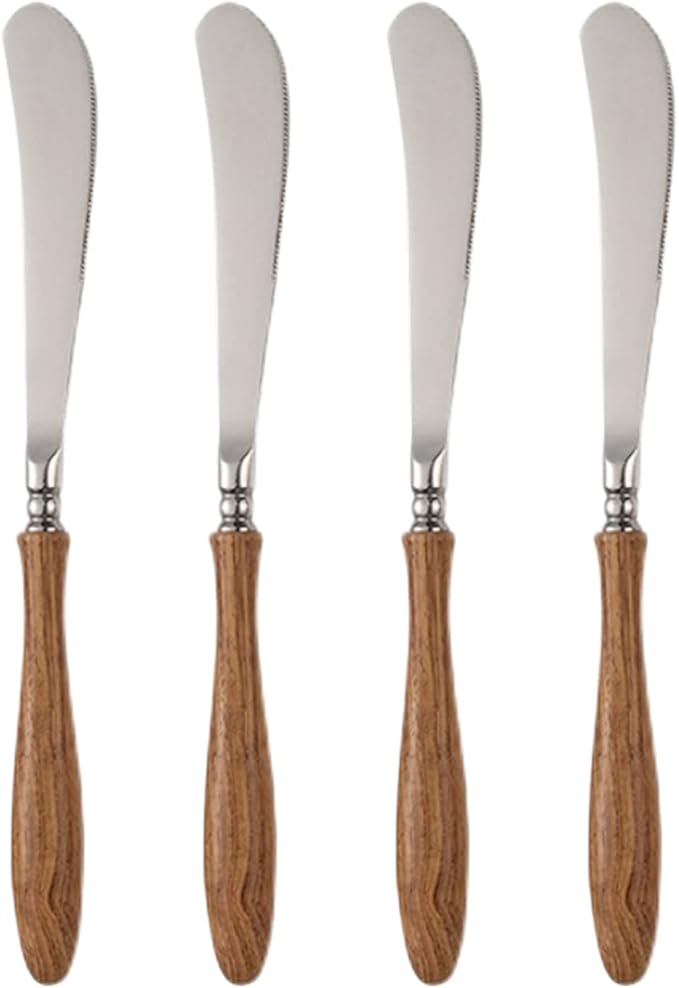 4 Pcs Dinner Knife with Wood Handle, 304 Stainless Steel Table Knives, Silverware Cutlery Dessert Spreader Knives, Mirror Polished, 8.58 Inch (Silver & Wood Grain)