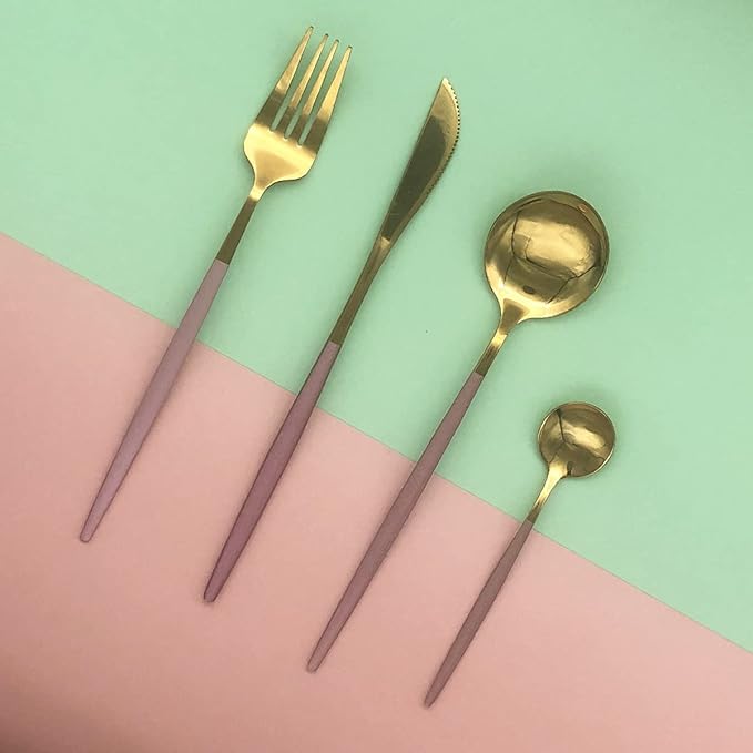 Gold Silverware Set, 24-Piece Stainless Steel Flatware Set Service For 6, Mirror Polished Pink Handle Tableware Cutlery Set Knife Fork And Spoon For Home & Restaurant, Dishwasher Safe