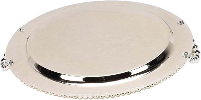 Fdit Round Metal Serving Tray with Handles 12.4 Inch, Silver Iron Platter for BBQ Camping Picnic, Stackable Fruit Vegetable Tray for Party Catering Home Kitchen