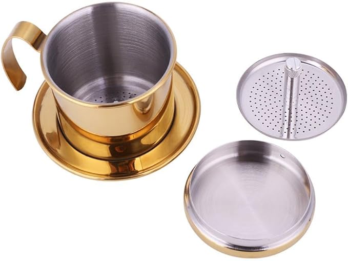 Vietnamese Coffee Dripper, Stainless Steel Vietnamese Coffee Maker Powder Capacity 15g, Heavy-Duty Small Phin Drip Filter, Dishwasher Safe, Home Use, Travel, Camping, Gift Sets (Gold)