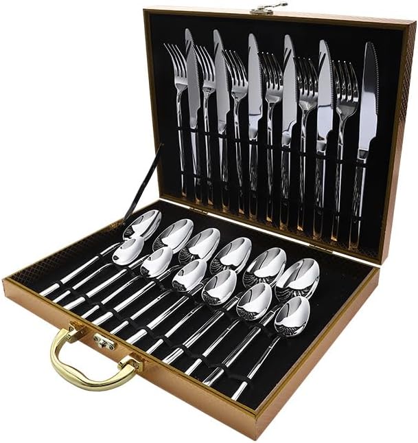 Stainless Steel Flatware serving set,Home Kitchen Eating Tableware Set,Dishwasher Safe,For Home Kitchen Restaurant Hote 24-piece Stainless Steel Cutlery Set Thickened Knife, Fork And Spoon(Gold)(Silve