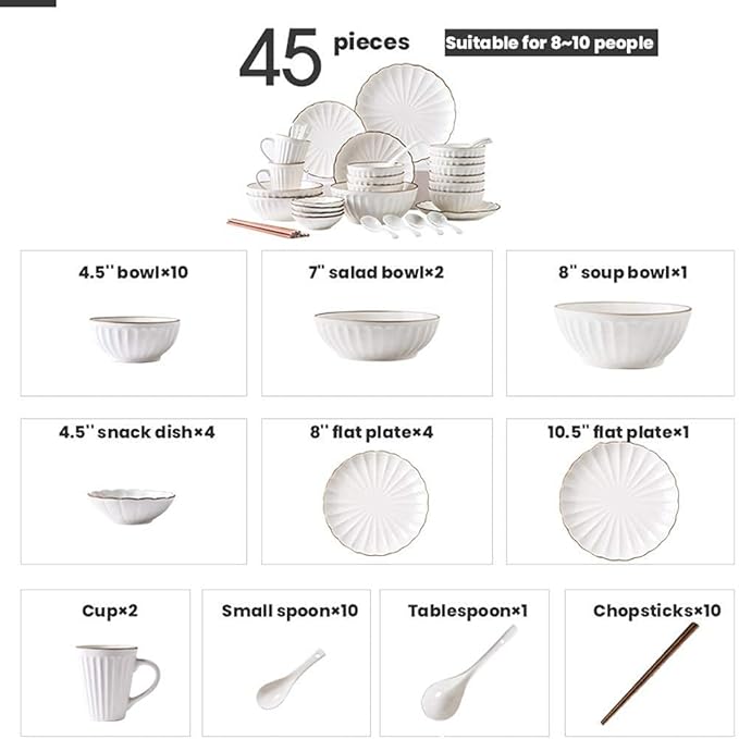 Dinner Set,Ceramics Dinner Sets, 45 Pieces Petal Design Matte Porcelain Dinnerware Set | Cereals Bowl & Mug & Plate for Wedding Gifts and Family Party,A~White