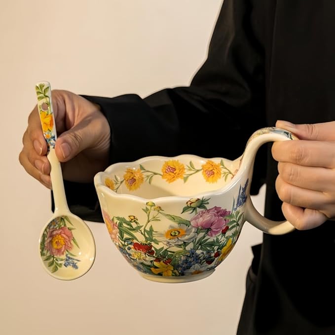 16.91oz/500ml Handpainted Soup Bowl with Handle,Ceramic Cereal Bowl Microwave &Dishwasher Safe,Loop Handle Bowl Great for Soup,Yogurt,Snack,Chip,Stew,Ice Cream,Coffee (Peony)