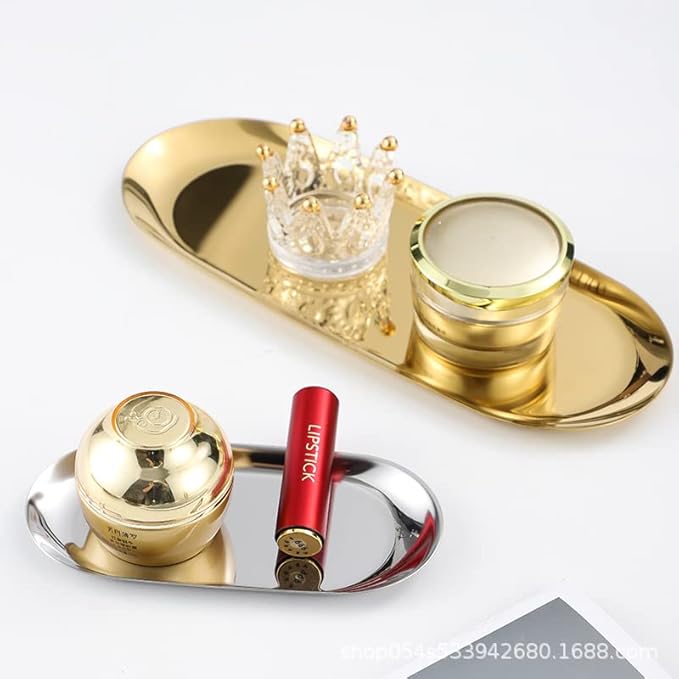 1 Pcs Gold Trinket Tray Oval Stainless Steel Small Serving Trays Towel Storage Dish Plate Tea Fruit Trays Jewelry Plate Decorative Storage Tray (Gold 1pcs, 9 x 3.8 Inch)