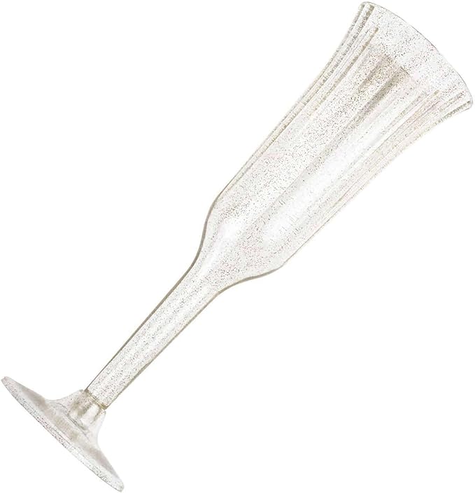 TCF Linen 12 Pack Clear with Gold Glitter Plastic Champagne Flutes, 6oz Flared Disposable Glasses Elegant Reusable Look Shatterproof Stemware for Weddings Parties Catering Toasts