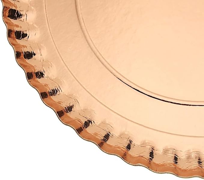 10 Rose Gold 13 in Round Paper Serving Trays with Scalloped Rim Design - Disposable Wedding Party Tableware Supplies