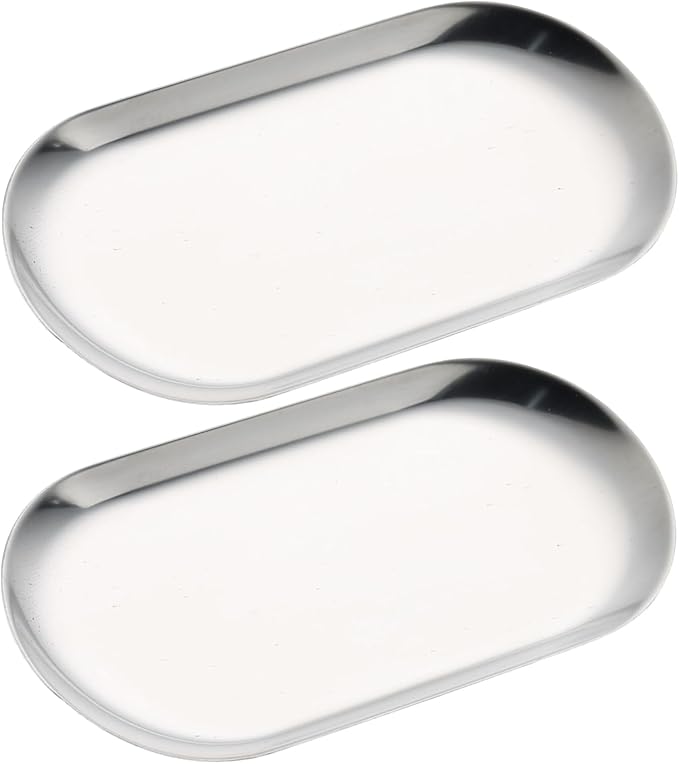 2 Pack Stainless Steel Silver Decorative Tray, Small Oval Perfume Jewelry Candle Dish, Dinner Macarons Dessert Plate for Home Entry Decor Bathroom Kitchen Storage