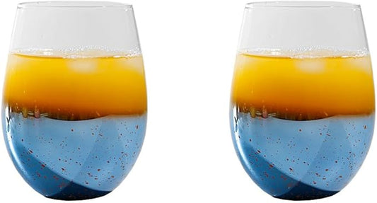 Blue Crystal Stemless Wine Glasses Set of 2 Champagne Flute,Starry Sky Wine for Red Wine and Champagne (2, Egg Cup-Blue Starry Sky)