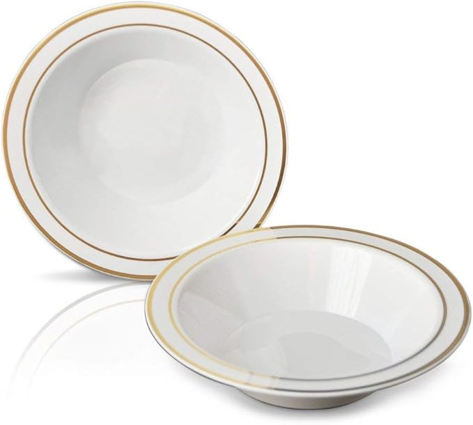 50 Disposable White Gold Trim Plastic Soup Bowls | 14 oz. Premium Heavy Duty Disposable Dinnerware with Real China Design | Safe & Reusable and Great for Parties or Weddings. (50-Pack) Gold