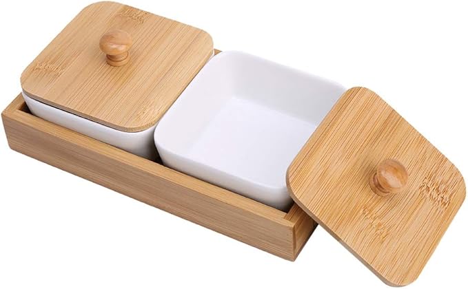 Ceramic Appetizer Serving Plate with Tray Cover, Snack Serving Plate for Fruits Nuts Desserts, BPA - Free White Ceramic Square Bowl with Separate Compartments, Modern Design (Two compartments with