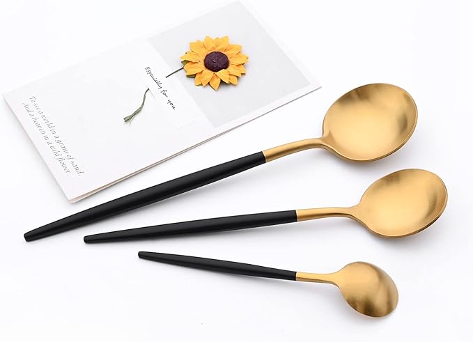 24-piece Snplowum Matte Gold Tableware, 18/10 Stainless Steel Utensils Heavy Serving Set With Black Handle For Dinner & Dessert Home Restaurant Flatware Set, Service For 4 (Black Gold)