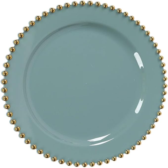 8" Salad Plates - Set of 20 - Plastic Dusty Blue Round Disposable Dessert Appetizer Plate with Gold Beaded Rim, Ideal for Dinner Party Wedding Bulk Events