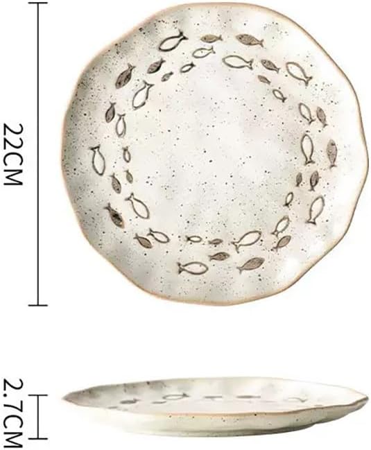 YEWUDHOM Japanese Ceramic Dinner Plates Set of 4,Japanese Porcelain Plates with Fishes Pattern Design,Ceramic Plate for Steak,Salad,Pasta,Dessert,Perfect for Party,Wedding,Home Kitchen