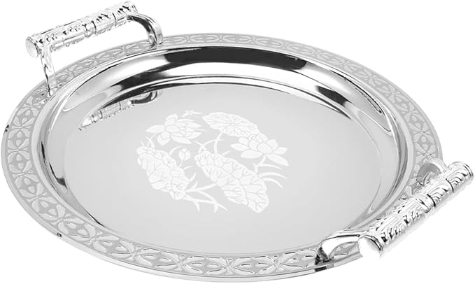Stainless Steel Floral Pattern Serving Tray Fruit Platter and Candy Storage Plate for Home Portable Snack Holder for Picnic and Table Decor