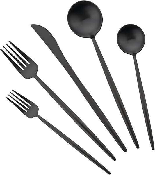 Flatware Set 18/10 Stainless Steel Matte Black - Kitchen Utensil Serving Set of Dinner Fork Knife Spoon Salad Fork Dessert Spoon,5 picec Set of 1, for Home Kitchen Restaurant Hotel